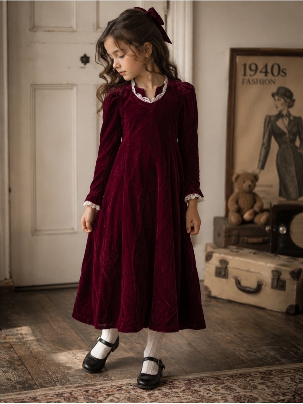 Vintage 40s Girls Velvet Long Sleeve Maxi Dress Halloween witch Victorian